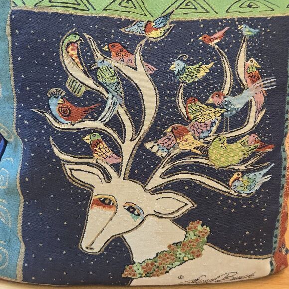 Laurel Burch Tapestry Throw Pillow Reindeer Birds Holiday 17" Blue Velvet Back - Picture 5 of 9